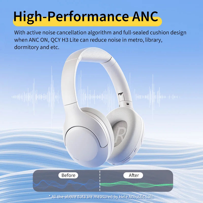 QCY H3 Lite ANC Wireless Headphones Bluetooth 5.3 Active Noise Cancelling Over Ear Headset 40mm Driver HiFi Sound Earphones