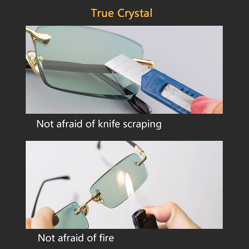 Green Rimless Glass Sunglasses Man Natural Crystal Stone Sun Glasses Woman Mineral Lens Metal Frame Anti Scratch Top Quality