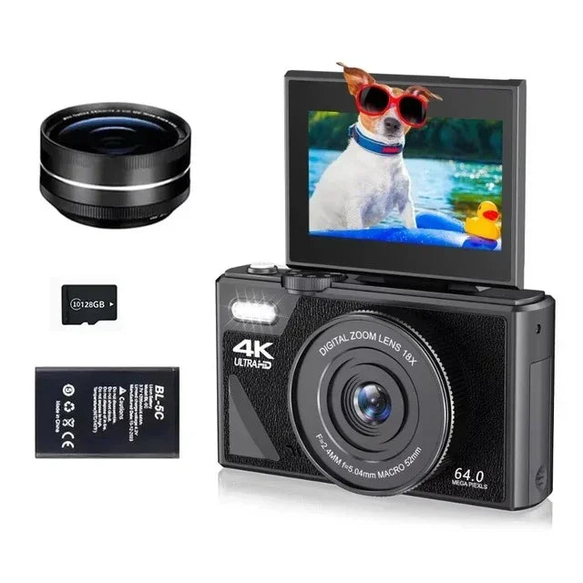 4K Video Camera 64MP with 18X Digital Zoom Flip Screen Selfie Webcam for YouTube Vlogging