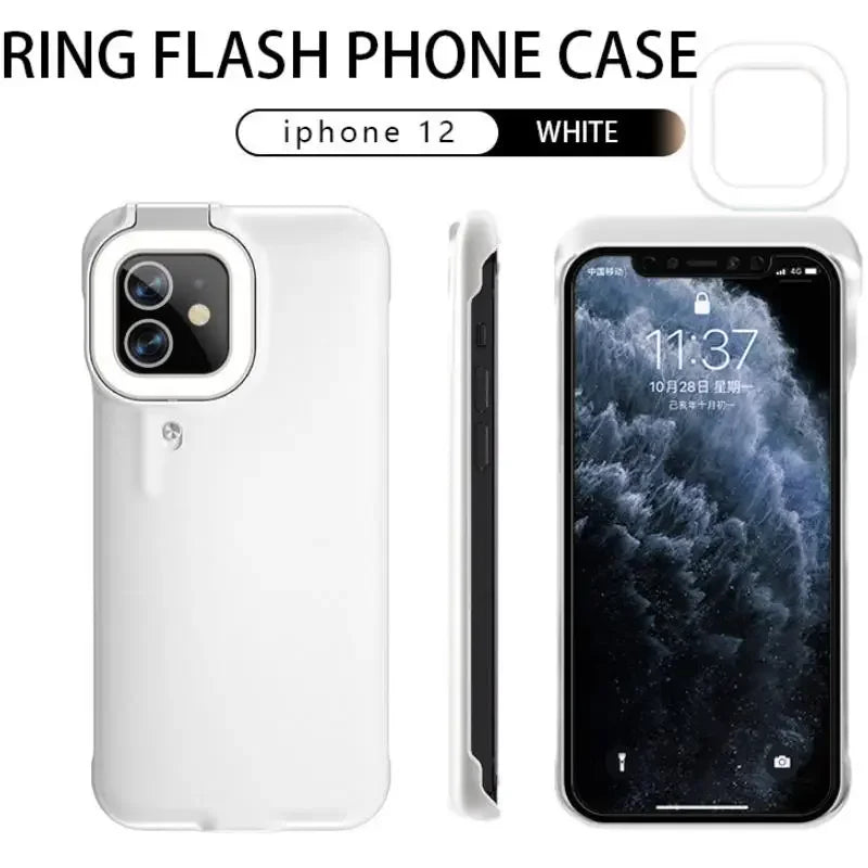 For IPhone 12 Pro 11 Ring Light Flash Mobile Phone Case Fill Lights Stable Flashlight Beauty Selfie Live Protective Sleeve Cover