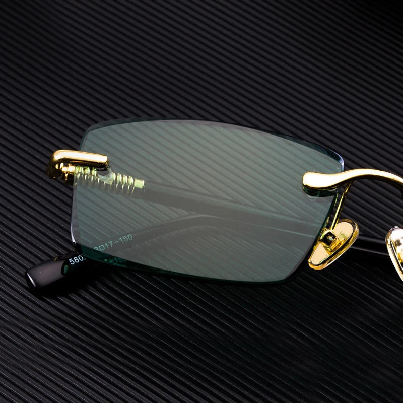 Green Rimless Glass Sunglasses Man Natural Crystal Stone Sun Glasses Woman Mineral Lens Metal Frame Anti Scratch Top Quality