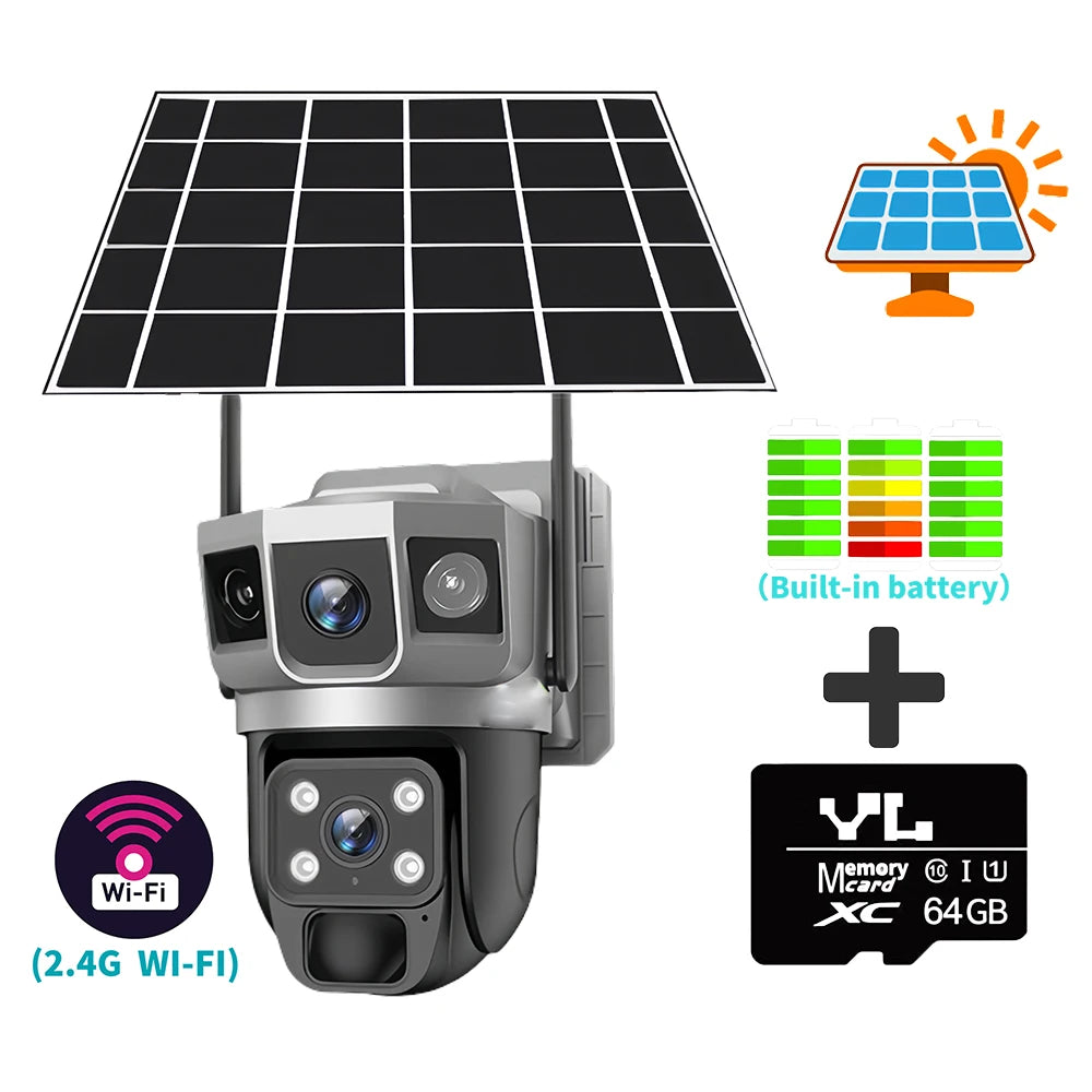 4G Solar IP Camera WIFI CCTV 12MP Dual Lens Triple Screen PTZ Auto Tracking 6K Curious Security Surveillance V380 Pro Camera