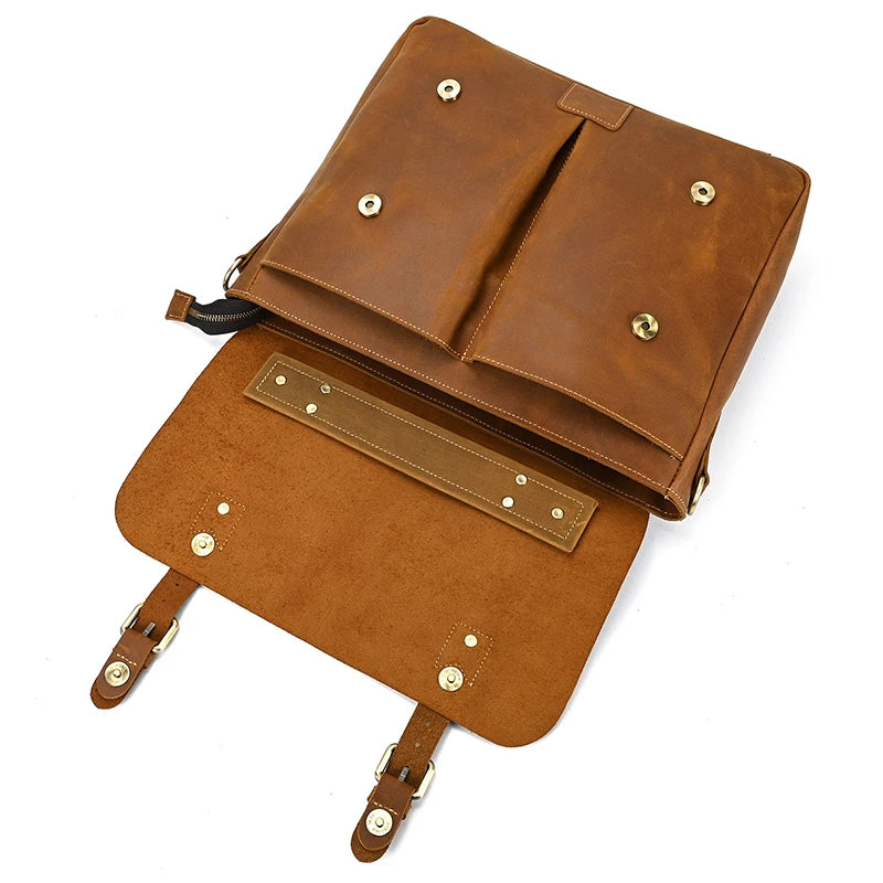 Newsbirds Leather Briefcase Shoulder Bag Vintage Style Men's Crossbody Bags For A4 Books Messenger For Men Women Handbags