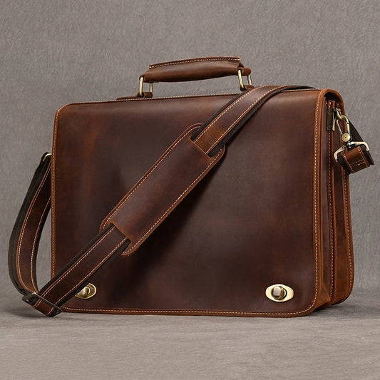 Top Grade Thick Genuine Leather Men Briefcase 15" Laptop Cow Leather Business Bag Tote Man Briefcase With Shoulder Strap