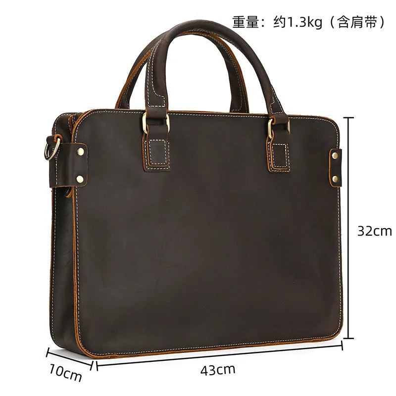 Men Messenger Bag Leather Briefcase Simple Men's Commuting Handbag Single Shoulder Bag Cowhide Crossbody Computer Portfolio