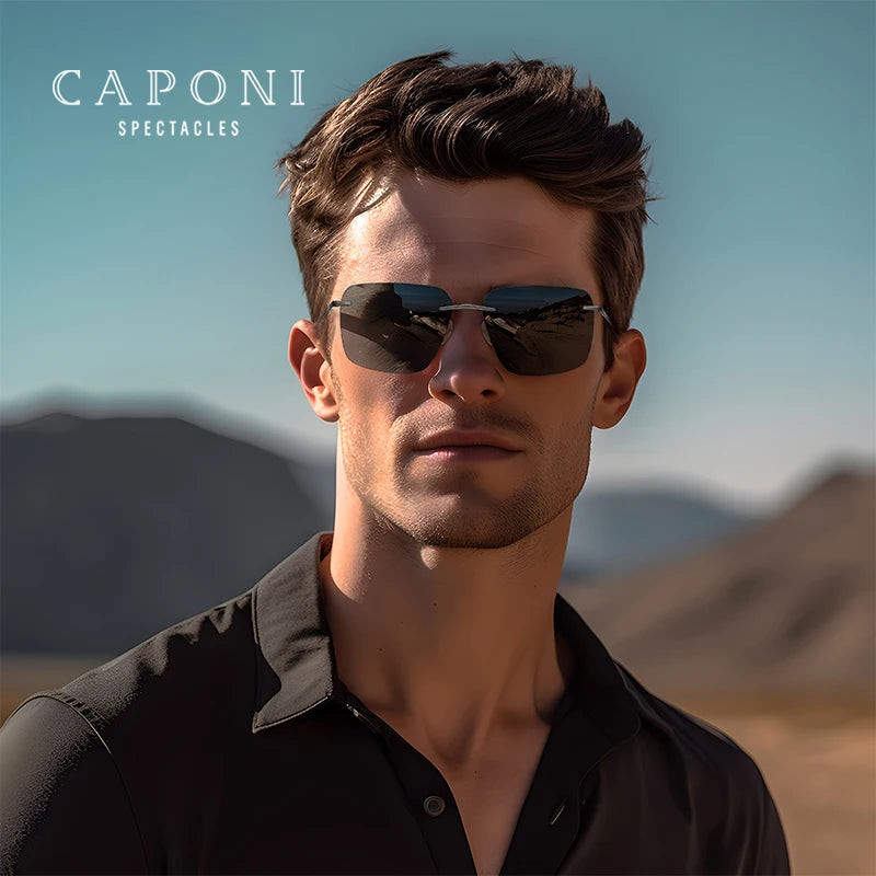 CAPONI Pure Titanium Photochromic Sunglasses Rimless Polarized Driving Men's Sun Glasses Ultra Light UV400 Brand Shades BS28923