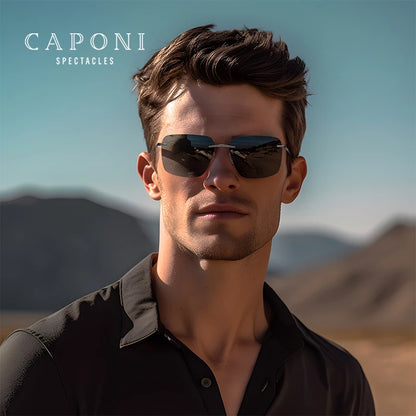 CAPONI Pure Titanium Photochromic Sunglasses Rimless Polarized Driving Men's Sun Glasses Ultra Light UV400 Brand Shades BS28923