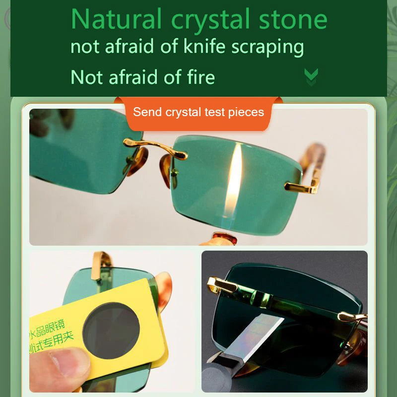 Green Rimless Glass Sunglasses Man Natural Crystal Stone Sun Glasses Woman Mineral Lens Acetate Frame Anti Scratch Top Quality