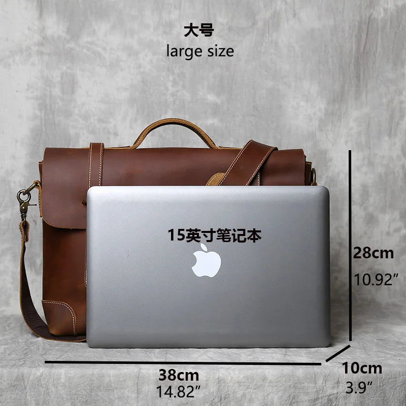 Retro Leather Men's Handbag Top Layer Cowhide Briefcase Crazy Horse Leather Messenger Shoulder Large Capacity Computer Bag NZPJ