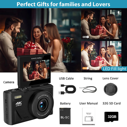 4K Digital Camera& Photography Autofocus 64MP Vlogging Camera for YouTube，16X Digital Zoom Compact Camera, 3'' 180°Flip Screen