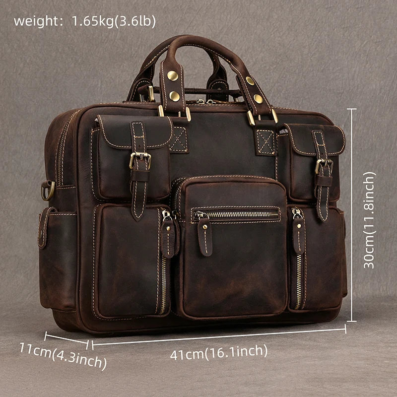 Vintage Men Crazy Horse Leather Briefcase Large Laptop Genuine Leather Business Bag Work Tote Travel Bag Cowhide Messenger Bag