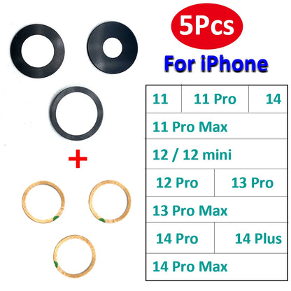 5Pcs/Lot，New Back Rear Camera Glass Lens Cover With Adhesive Replacement Repair For iPhone 11 12 13 14 Pro Max mini 15 Plus