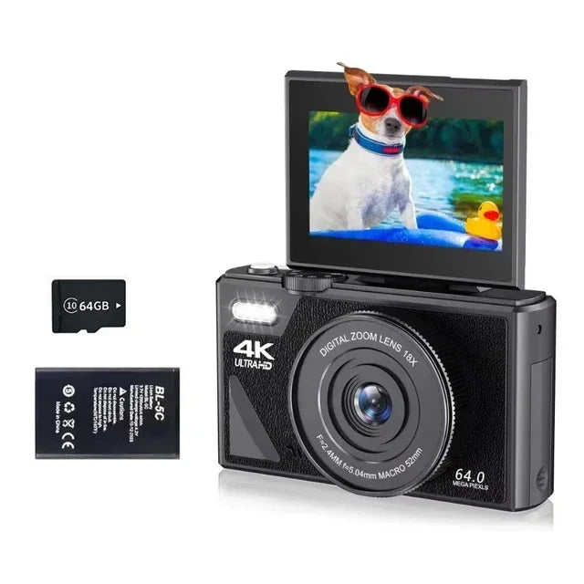 4K Video Camera 64MP with 18X Digital Zoom Flip Screen Selfie Webcam for YouTube Vlogging