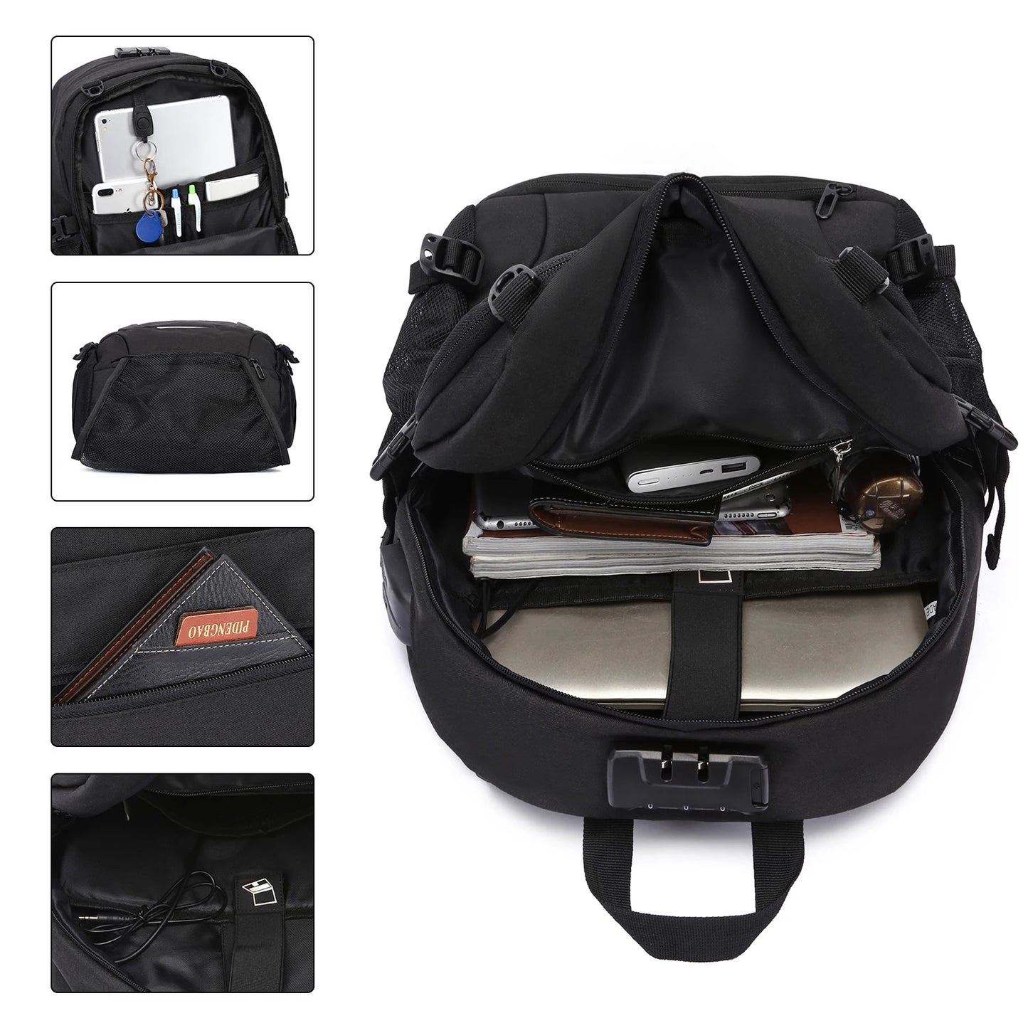 Neutral Waterproof Backpack With Anti-theft Password Lock, Reflective Strip, Basketball Net Pocket, USB And Headphone Interface