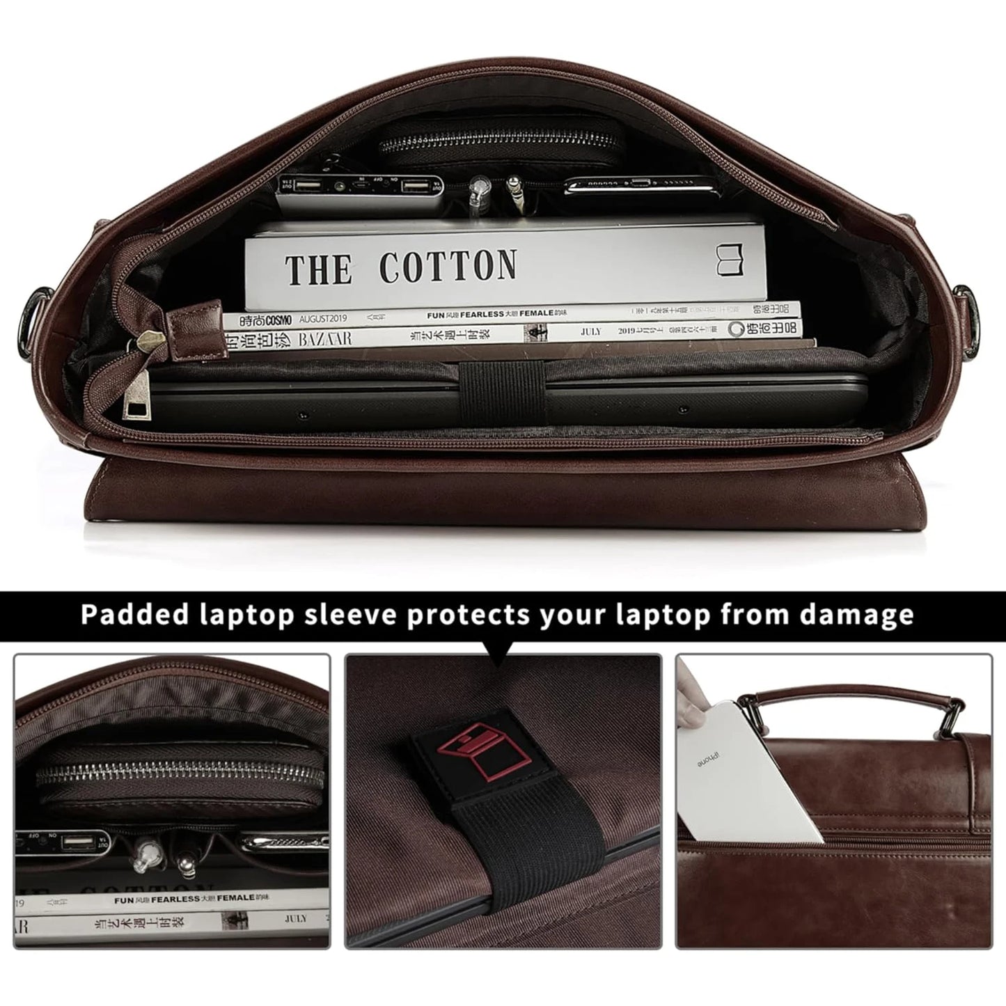 Men's Leather Briefcase Retro Chic Bag 15.6 inch Waterproof Leather Large Capacity Crossbody Bag Laptop Tote