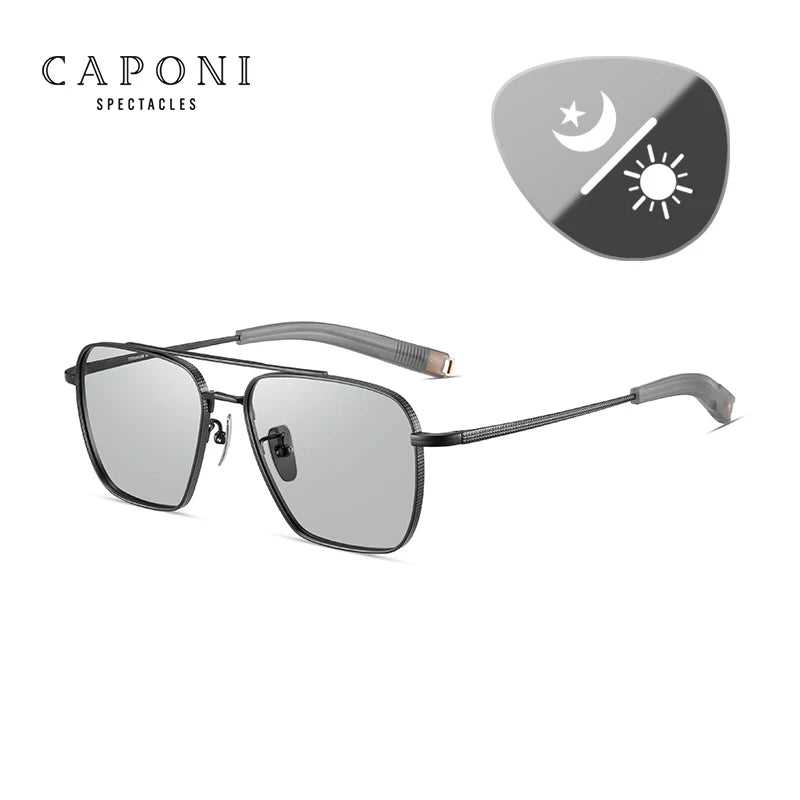 CAPONI Pure Titanium Men's Sunglasses Seiko Polarized Photochromic Outdoor Shades UV400 Original Brand Sun Glasses BS50004