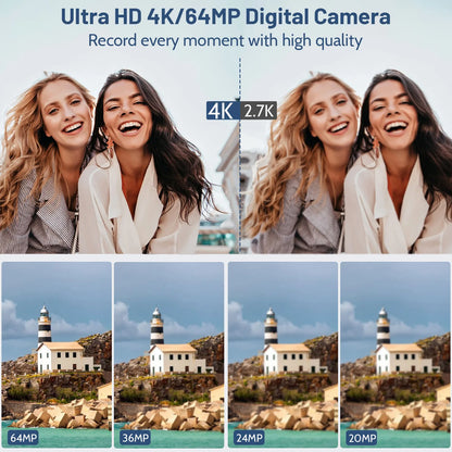 4K Digital Camera for Photography and 18X Digital Zoom Camera 64MP Compact Vlogging You Tube Camera 3'' Flip Screen  with Flash