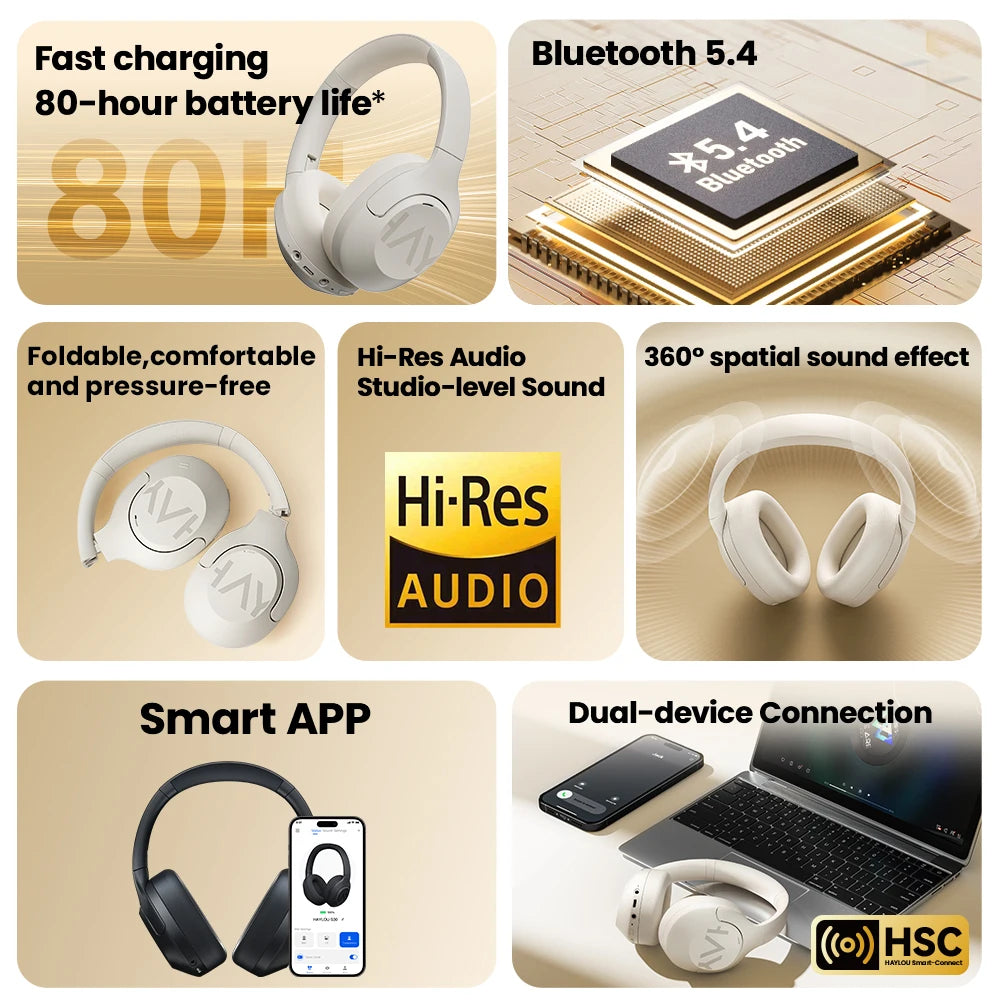 HAYLOU S30 Wireless Bluetooth 5.4 Headphones 43dB Adaptive Noise Cancelling Headsets 40mm Driver 80H Playtime Earphones