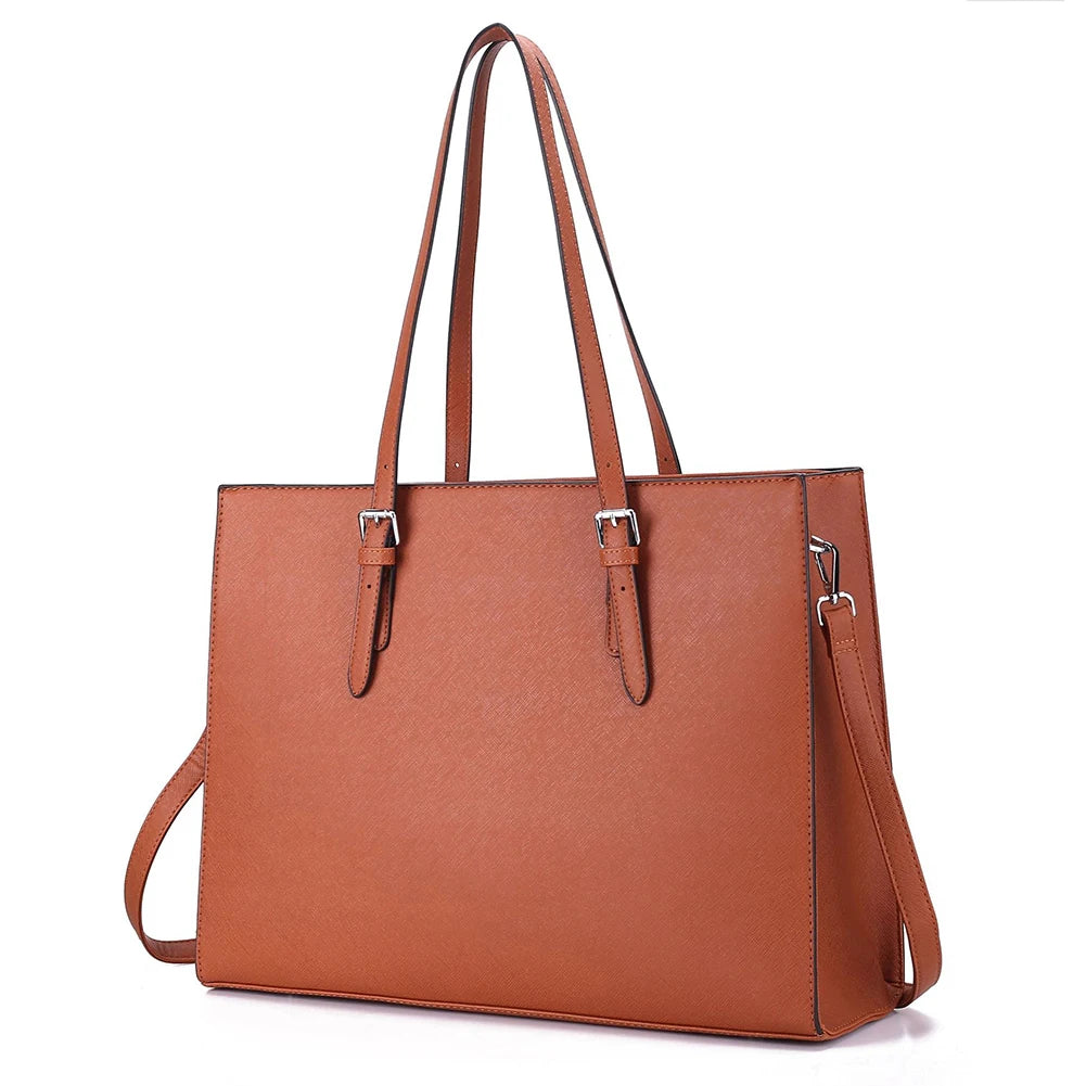 15.6 Inch Large Shoulder Bag PU Leather Computer Tote Bag Multipocket Large Capacity Waterproof Women Business Travel Handbag