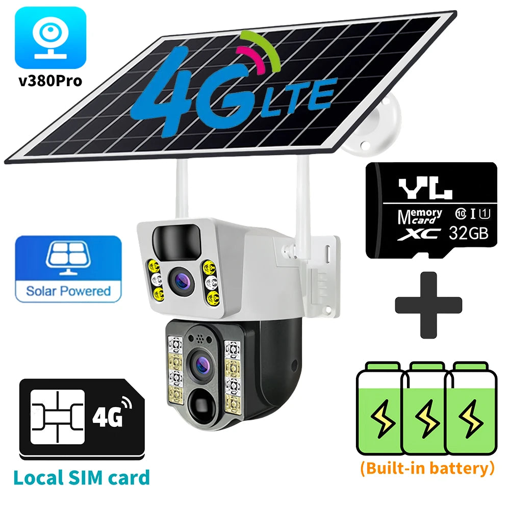 4K Solar Camera 4G SIM Card Dual Lens 8MP HD Night Vision IP CCTV Surveillance PTZ PIR Human Detection Alarm Waterproof WIFI Cam