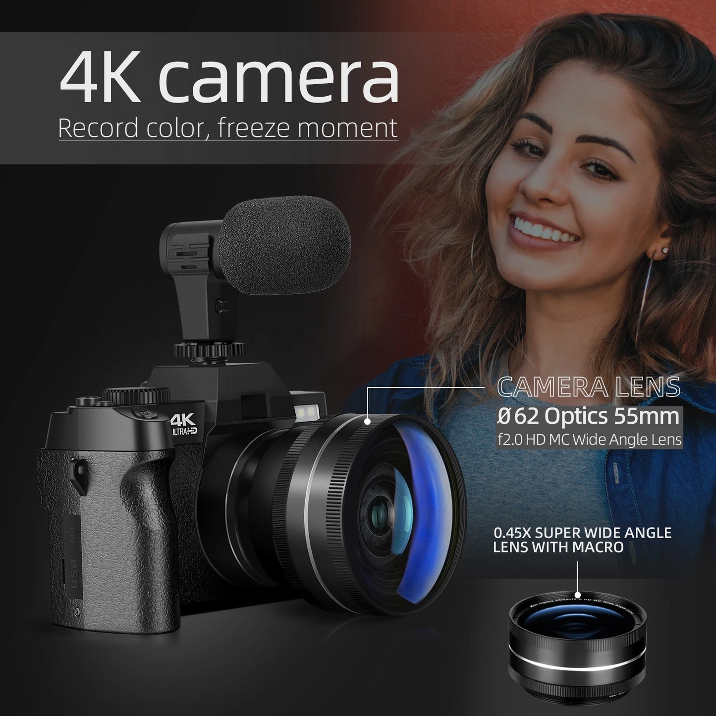 NBD 4K Digital Camera 48MP Vlogging Camera for with 180° Flip Screen 16X Digital Zoom Video Camera Camcorder