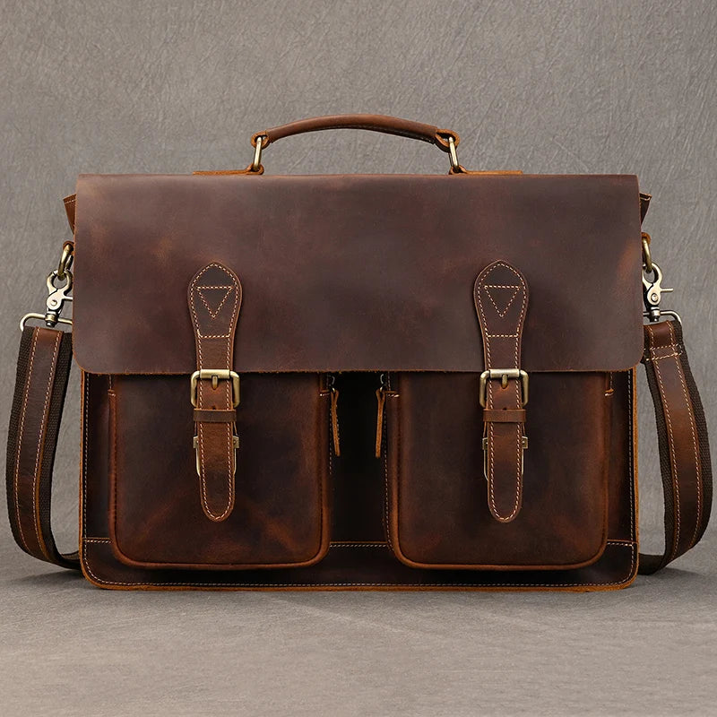 Vintage Men Briefcase Crazy Horse Genuine Leather Man Male Laptop Handbag Large Shoulder Messenger Portfolio Bag Business Case