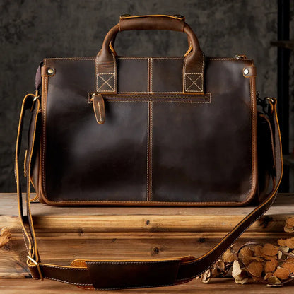 Vintage high quality crazy horse cowhide men's briefcase business travel luxury genuine leather handbag work messenger bag