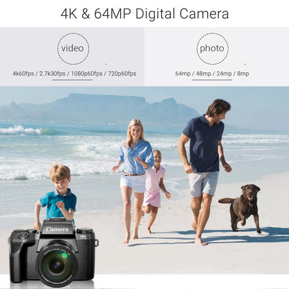 Digital Camera for Photography, 4K 64MP WiFi Vlogging Camera with Flash, Lens Hood, Front and Rear Camera, 4 Inch Touch Screen