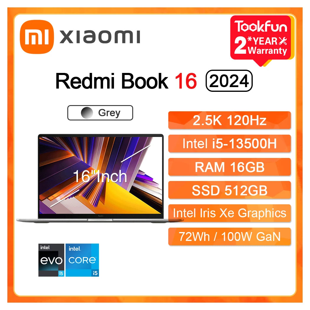 XIAOMI Laptop Redmi Book 16 2024 Refresh RAM 16GB SSD 512GB Intel i5 12450H 13420H 16" Inch FHD Notebook Ultrabook Computer PC