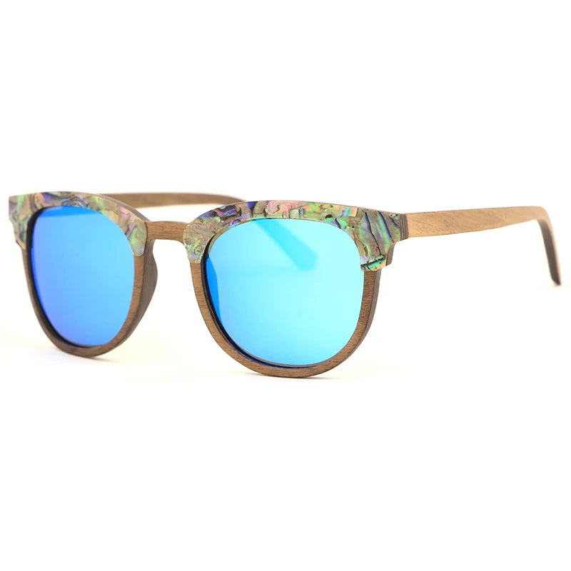 Lovers Abalone Seashell Wood Sunglasses for Women Men Ice Blue Polarized Lenses Fashion Luxury Brand Sun Glasses The Best Gift