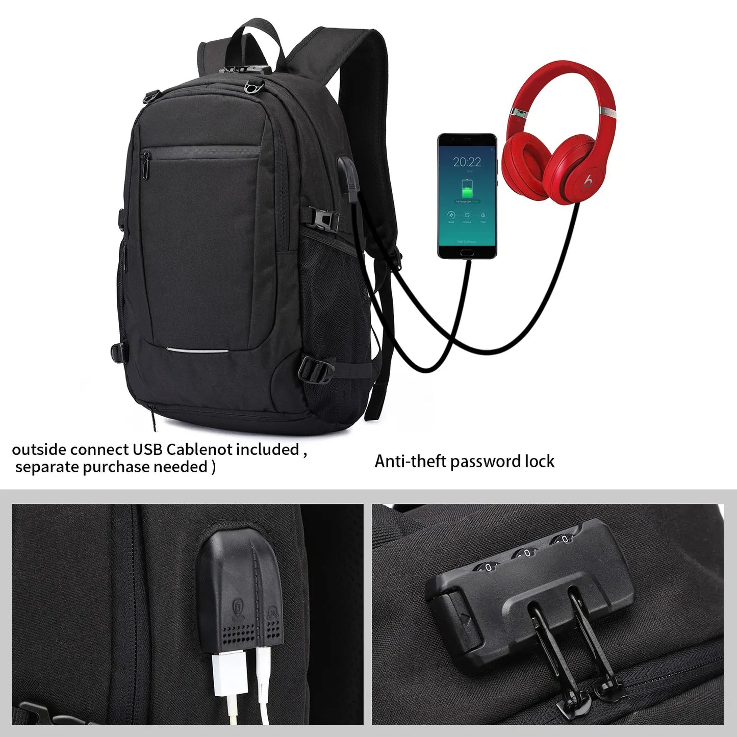 Neutral Waterproof Backpack With Anti-theft Password Lock, Reflective Strip, Basketball Net Pocket, USB And Headphone Interface