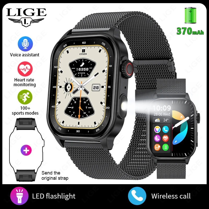 LIGE Men's Watch Outdoor Flashlight Military IP68 Waterproof Smart Watch Men Heart Rate Sport Fitness Watches BT Call Smartwatch