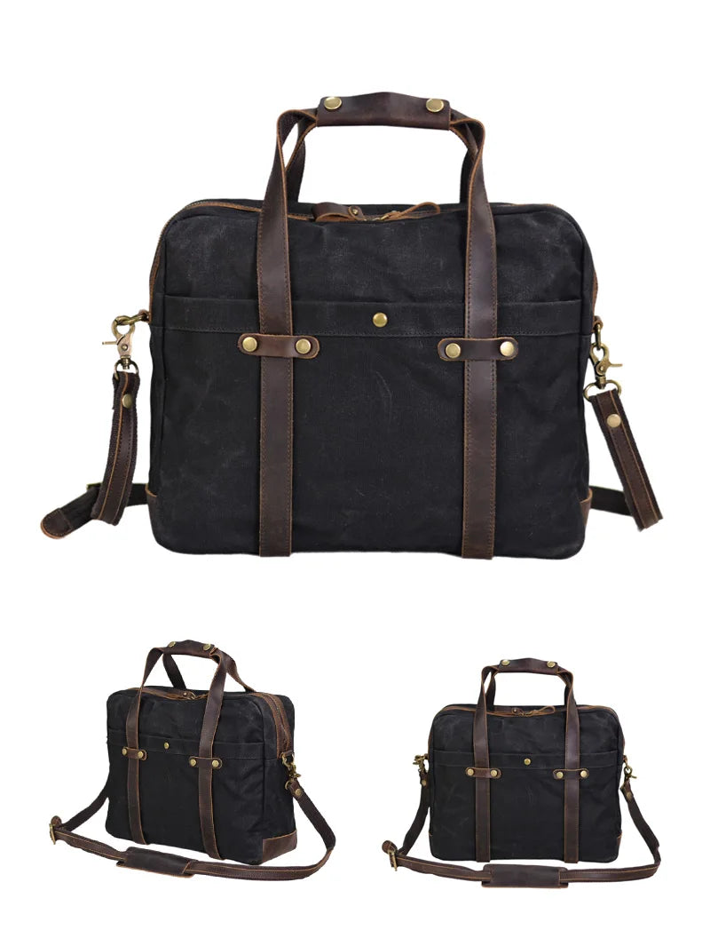 American retro oil waxed canvas briefcase men's crossbody handbag business casual messenger bag 15.6 inch computer bag