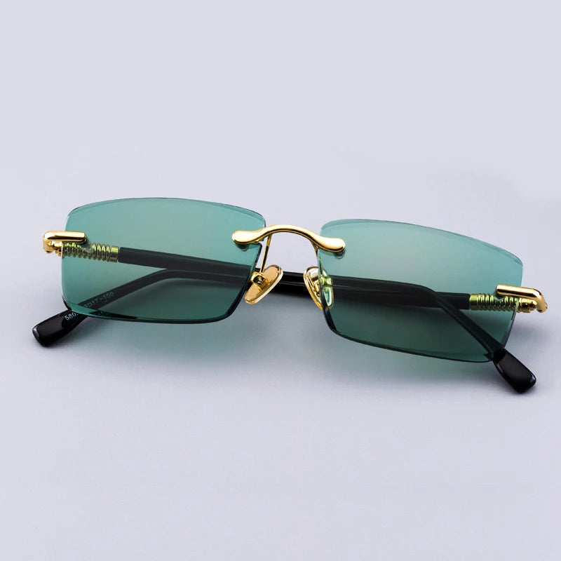 Green Rimless Glass Sunglasses Man Natural Crystal Stone Sun Glasses Woman Mineral Lens Metal Frame Anti Scratch Top Quality