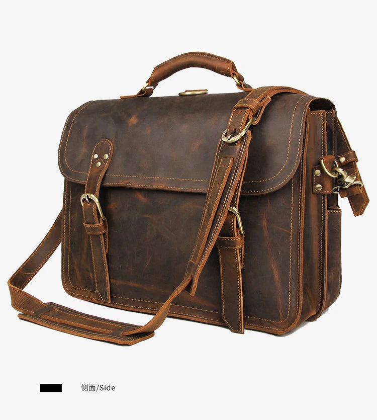 Vintage Crazy Horse Genuine Leather Men Briefcase Large Business Bag Tote Office Bag 15.6“Laptop Case attache Male Shoulder Bag