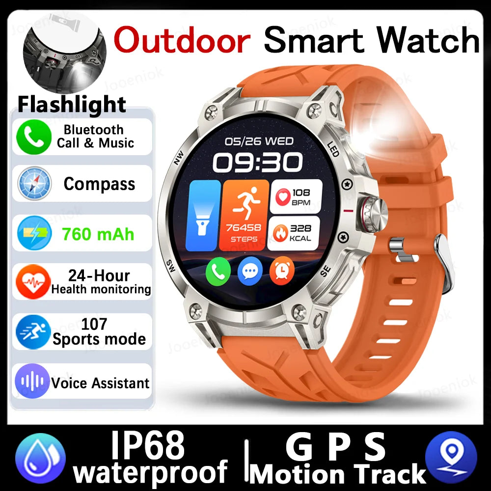 Military Smart Watch Men 760mAh Large Battery LED Flashlight Compass 1.8"HD Screen Heart rate Waterproof BT Call Smartwatch  New