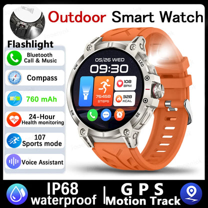 Military Smart Watch Men 760mAh Large Battery LED Flashlight Compass 1.8"HD Screen Heart rate Waterproof BT Call Smartwatch  New