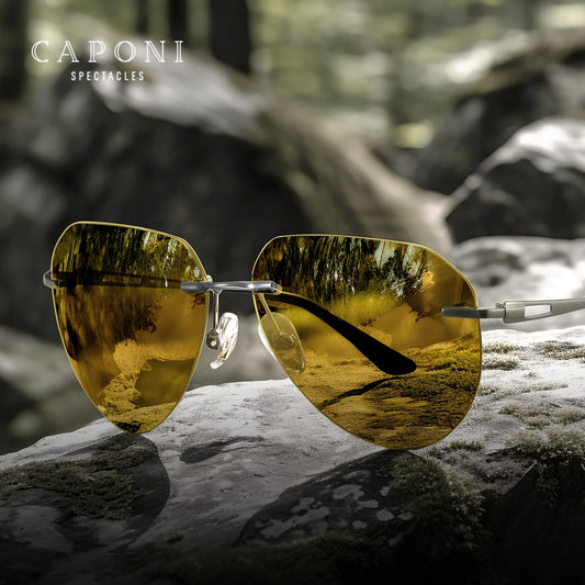 CAPONI Photochromic Brown Yellow Sunglasses Titanium Alloy Rimless Sun Glasses Pilot Night Vision Ultra-Light Eyewear BSYS22003