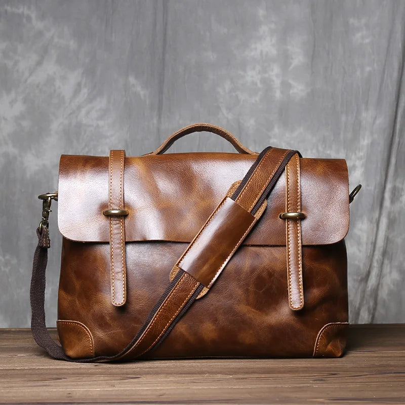 Retro Leather Men's Handbag Top Layer Cowhide Briefcase Crazy Horse Leather Messenger Shoulder Large Capacity Computer Bag NZPJ