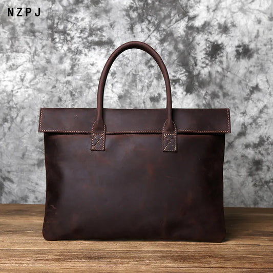 NZPJ Retro Men's Briefcase Leather Casual HandbagTop Layer Cowhide Business Tablet Bag Thin Clutch For 16-Inch Laptop