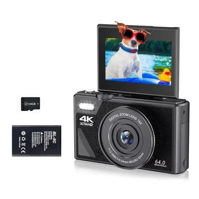 4K Video Camera 64MP with 18X Digital Zoom Flip Screen Selfie Webcam for YouTube Vlogging