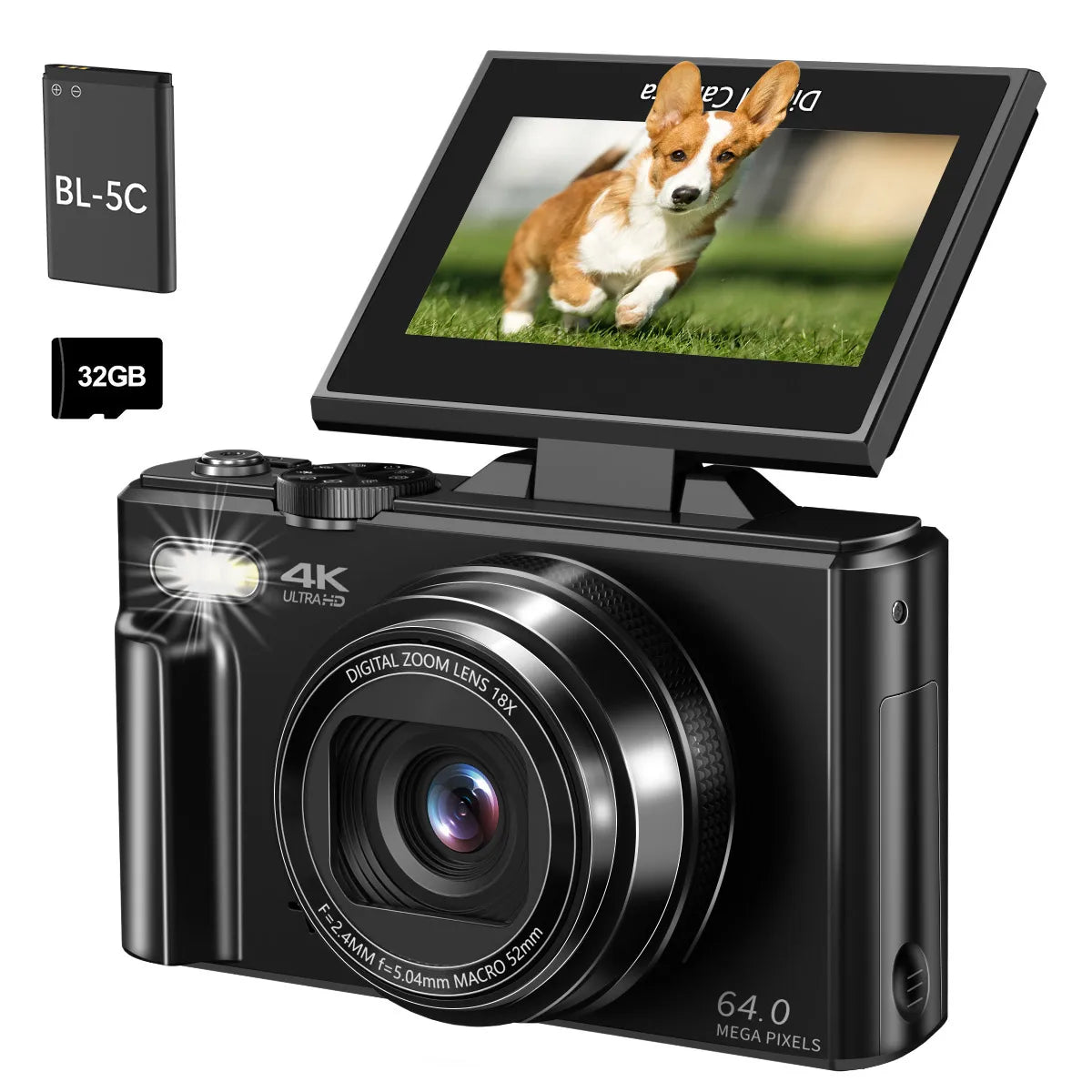 4K Digital Camera, 4K Vlogging Camera for YouTube whit 3" 180° Flip Screen 18X Digital Zoom Compact Retro Camera, Black