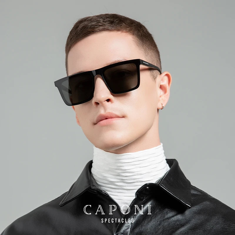 CAPONI Nylon Polarized Sunglasses High Quality Acetate Square Flat Design Sun Glasses For Men UV400 Protect Black Shades CP7499