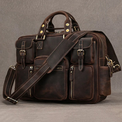 Luufan Vintage Crazy Horse Leather Men‘s Briefcase 15.6" Business Handbag Cow Leather Laptop Messenger Bag Big Files Work Tote