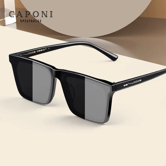 CAPONI Nylon Polarized Sunglasses High Quality Acetate Square Flat Design Sun Glasses For Men UV400 Protect Black Shades CP7499