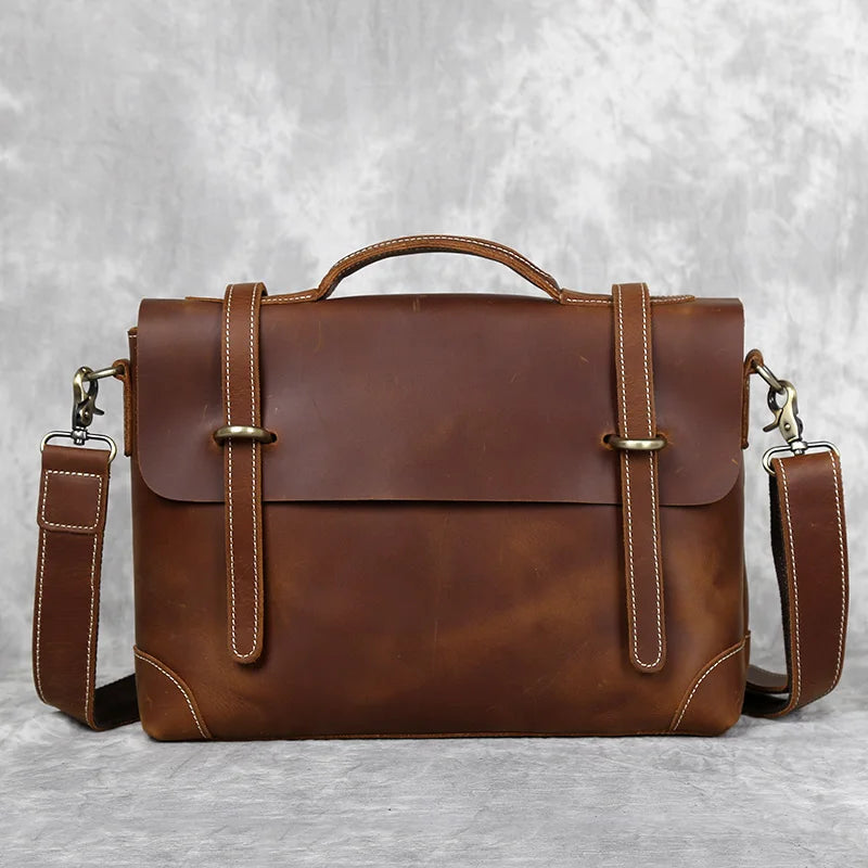 Retro Leather Men's Handbag Top Layer Cowhide Briefcase Crazy Horse Leather Messenger Shoulder Large Capacity Computer Bag NZPJ