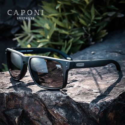 CAPONI Driving Sunglasses For Men Polarized Brand Designer Sun Glasses Photochromic Square TR Frame Black Men's Shades BS9417