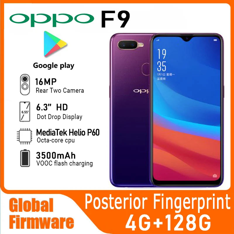 OPPO F9 Smartphone Global firmware 6.3-inch 4GB 128GB Eight core CPU MediaTek Helio P60 version Android 8.1 used phone