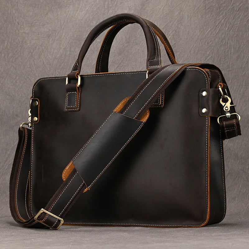 Men Messenger Bag Leather Briefcase Simple Men's Commuting Handbag Single Shoulder Bag Cowhide Crossbody Computer Portfolio