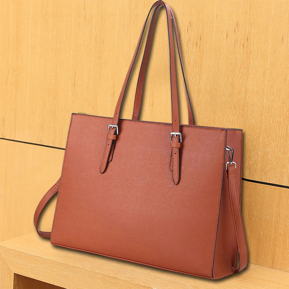 15.6 Inch Large Shoulder Bag PU Leather Computer Tote Bag Multipocket Large Capacity Waterproof Women Business Travel Handbag